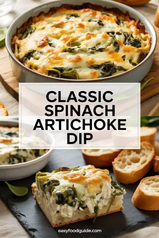 A bubbling cheesy spinach artichoke dip in a baking dish with chips and veggies on the side.