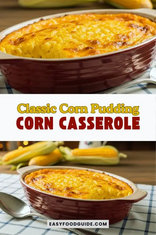 corn-pudding-1 Classic corn pudding casserole in a ceramic dish, golden brown on top, served with a spoon, surrounded by fresh corn.