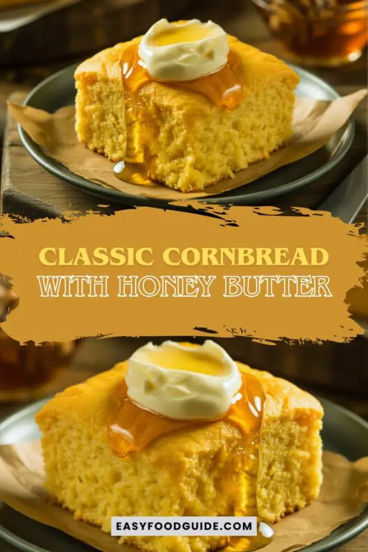 cornbread-1 A slice of cornbread topped with honey butter on a wooden table, with a bowl of honey nearby.