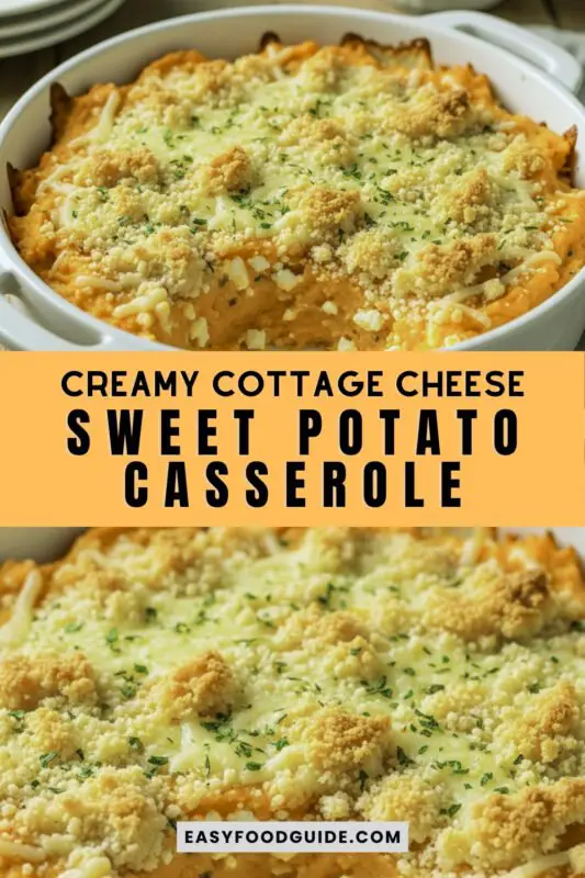 cottage-cheese-potato-casserole-1 Creamy sweet potato casserole with Parmesan cheese, served in a rustic dish.