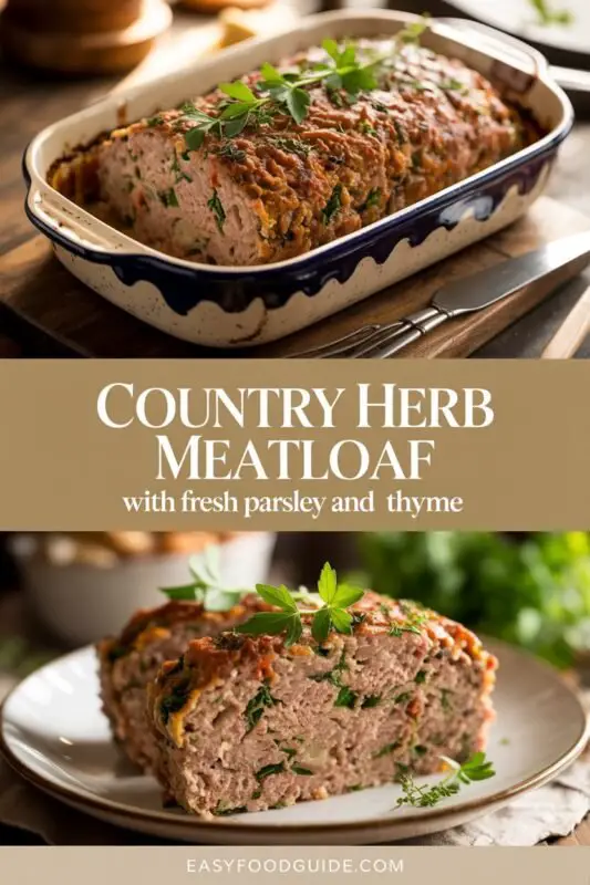 A slice of homemade meatloaf topped with ketchup, served with mashed potatoes and vegetables on a rustic table.