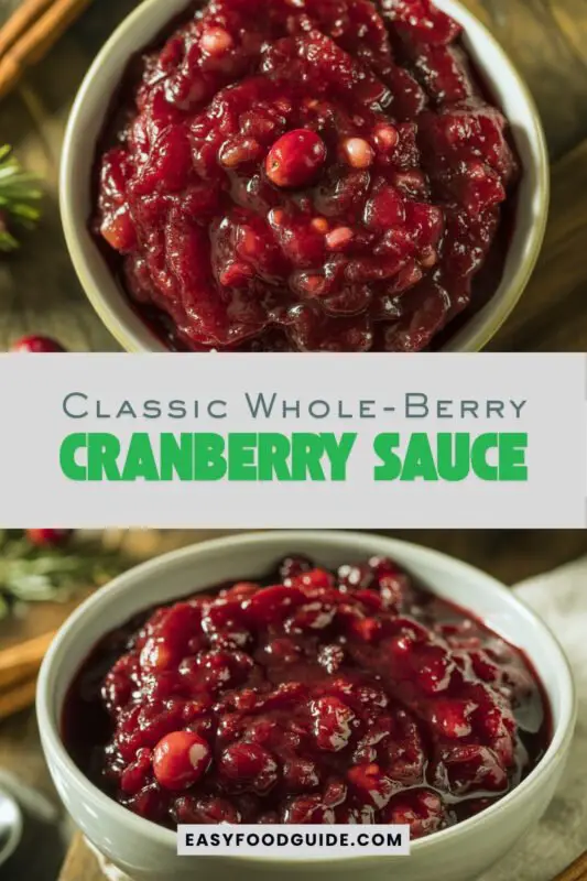 cranberry-sauce-1 A bowl of whole-berry cranberry sauce with fresh cranberries and mint, set on a rustic table with holiday dishes.