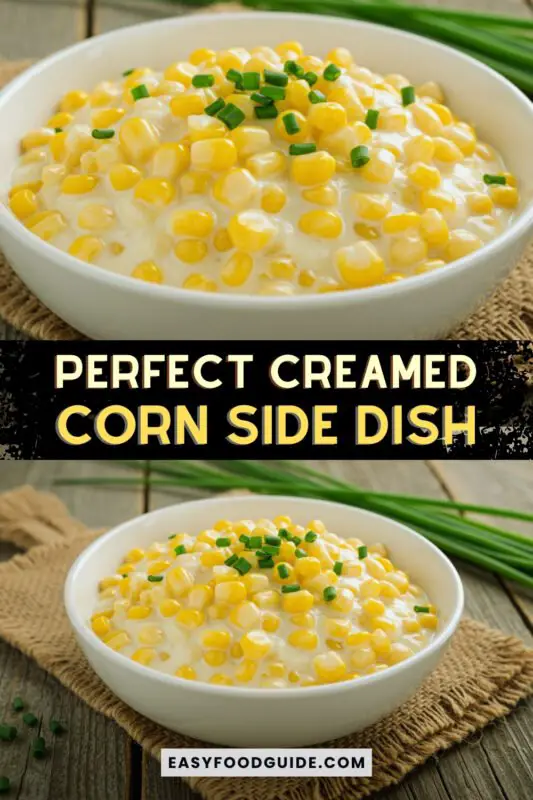 cream-corn-sides-1 A bowl of rich creamed corn with sweet kernels and chive garnish on a rustic table.