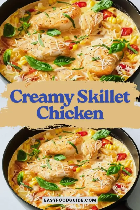 creamy-skillet-chicken-1 Creamy skillet chicken with corn and tomatoes, topped with basil and Parmesan on a rustic table.