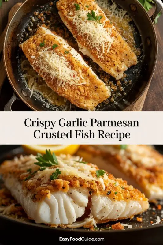 Crispy garlic Parmesan crusted cod fillet on a plate with lemon wedges and vegetables.