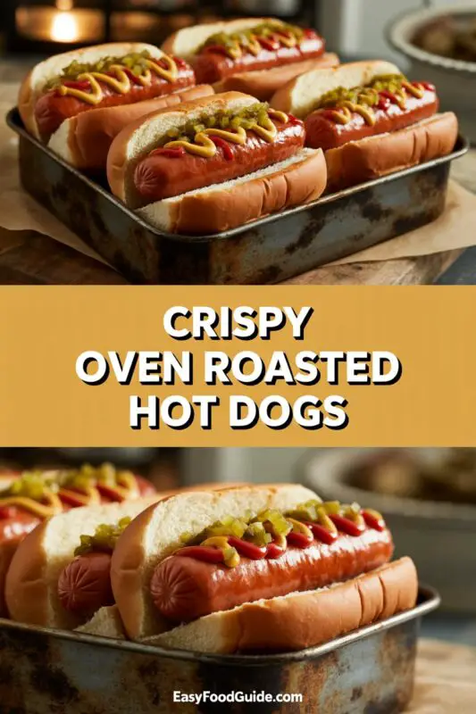 Crispy oven roasted hot dogs in toasted buns with condiments on a rustic table.