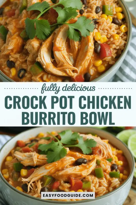 A colorful chicken burrito bowl with rice, black beans, corn, and bell peppers, garnished with cilantro and lime.