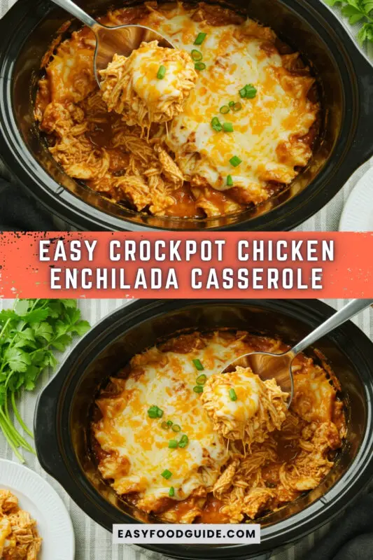 Crockpot Chicken Enchilada Casserole with chicken, cheese, and tortillas, garnished with cilantro, served with tortilla chips.