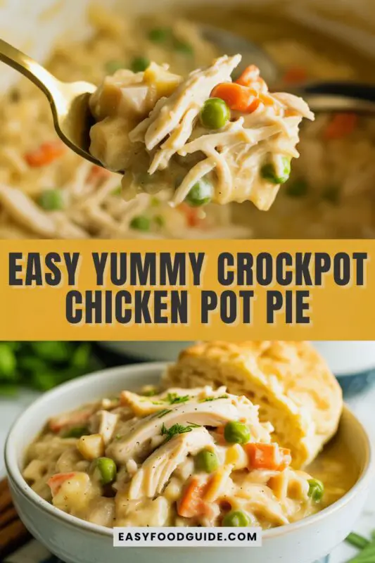 A hearty chicken pot pie with shredded chicken, mixed vegetables, and biscuit topping in a rustic bowl.