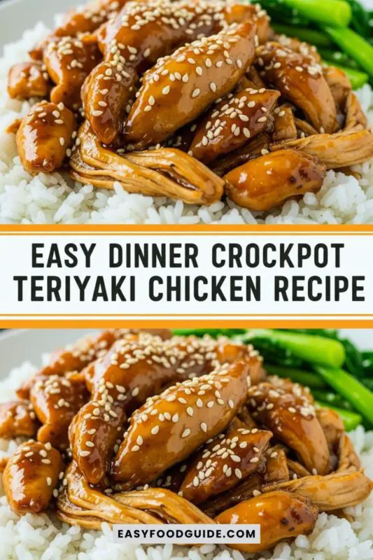 Crockpot teriyaki chicken served over rice with sesame seeds and steamed broccoli on a rustic table.