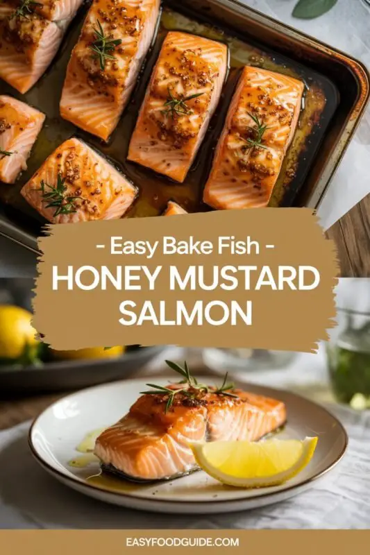 Honey mustard baked salmon steaks garnished with parsley and lemon wedges on a rustic table.