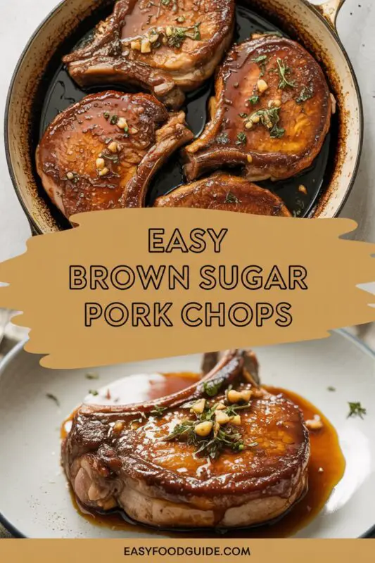 Juicy brown sugar garlic pork chops with a caramelized glaze, served with vegetables and grilled pineapple on a rustic table.