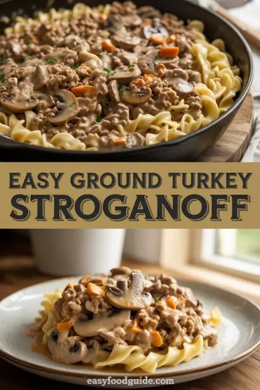A hearty bowl of Ground Turkey Stroganoff with egg noodles and mushrooms, garnished with parsley.