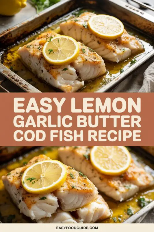 Lemon Garlic Butter Cod fillets garnished with parsley, served with steamed vegetables and roasted potatoes.