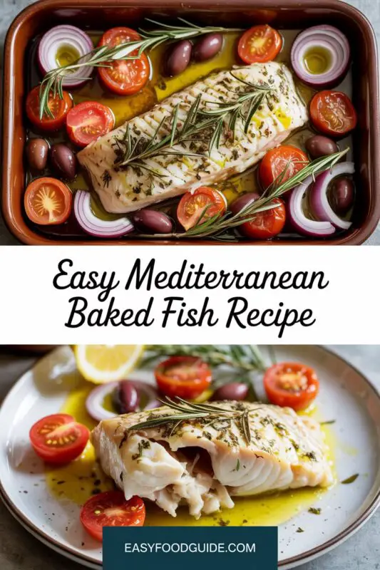 A plate of Mediterranean baked fish with tomatoes, onions, and olives, garnished with parsley.