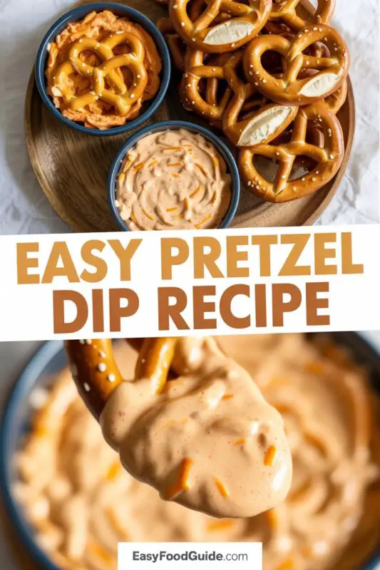 Creamy pretzel dip in a bowl with soft pretzels and pretzel bites on a wooden table.
