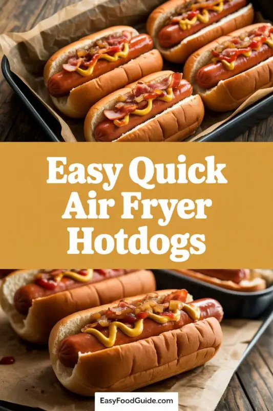 Crispy air fryer hot dogs in buns with ketchup and mustard on a rustic table.