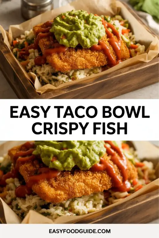 A delicious fish taco bowl with crispy fish, cilantro lime rice, avocado guacamole, and fresh toppings.