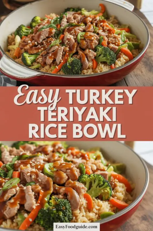 A colorful Turkey Teriyaki Rice Bowl with ground turkey, broccoli, and bell peppers on rice, garnished with sesame seeds and green onions.