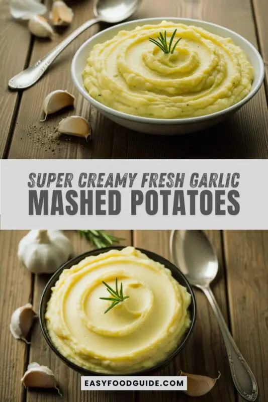 garlic-mashed-potatoes-3 Creamy garlic mashed potatoes in a bowl, garnished with rosemary, on a rustic wooden table.