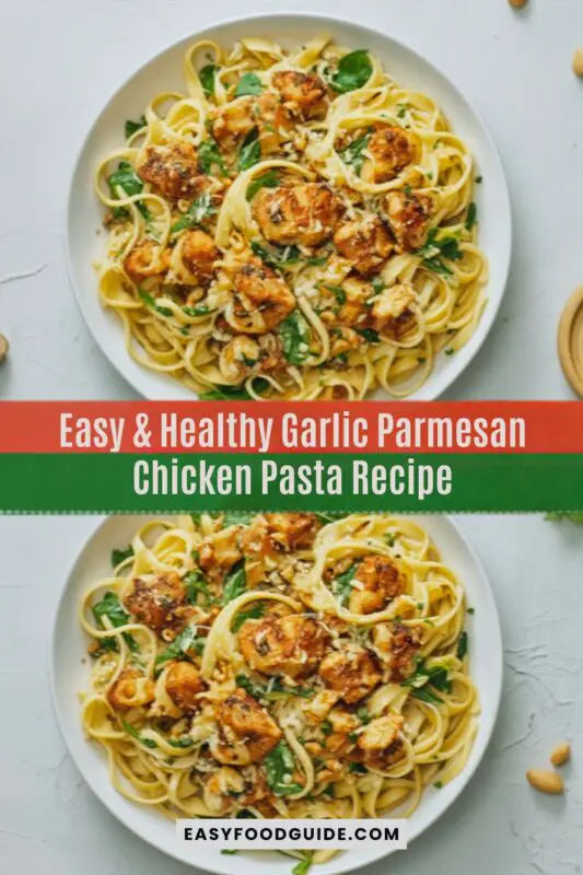 Creamy garlic parmesan chicken pasta with chicken pieces and pasta in a rich sauce, garnished with parsley.