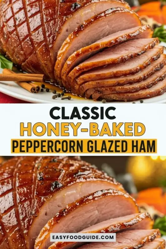 glazed-ham-1 A succulent honey-baked peppercorn glazed ham on a wooden platter, garnished with herbs and fruits.