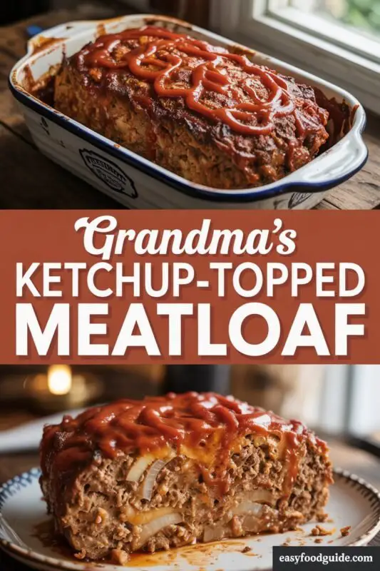 Sliced meatloaf with ketchup glaze on a wooden board, served with mashed potatoes and green beans.