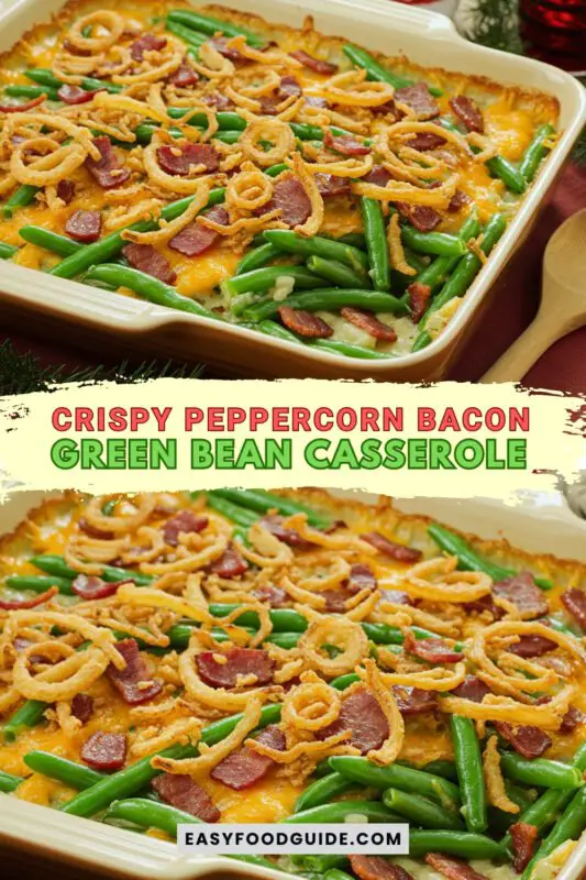 green-bean-casserole-1 A hearty green bean casserole with crispy bacon and fried onions in a rustic dish, ready to be served.