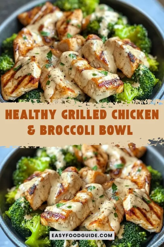 A healthy grilled chicken and broccoli bowl with creamy sauce and herbs on a rustic table.