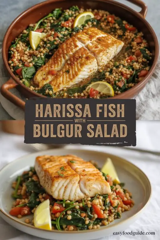Grilled cod fillets with harissa on a plate, accompanied by a fresh bulgur salad with spinach and tomatoes.