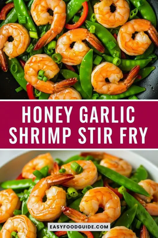 Honey garlic shrimp stir fry with shrimp, bell peppers, snap peas, served over rice, garnished with green onions.