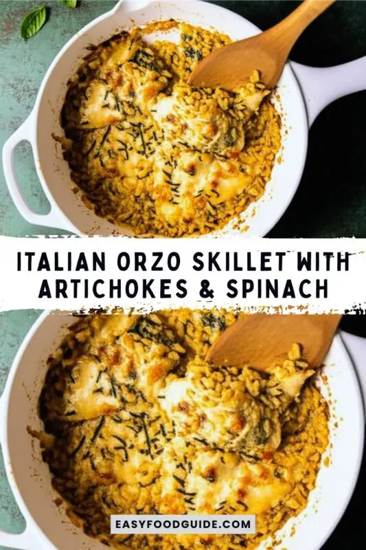 italian-orzo-skillet-1 A vibrant Italian Orzo Skillet with artichokes and spinach, topped with melted cheese, served in a skillet with bread.