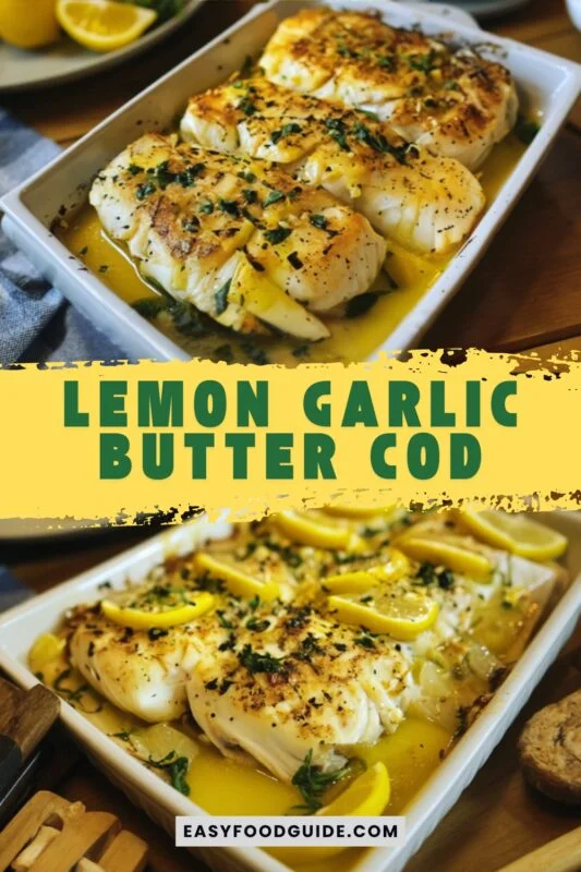Lemon Garlic Butter Cod fillets garnished with parsley and lemon slices, served on a white plate with vegetables.