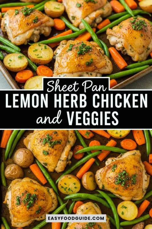 lemon-herb-chicken-veggies-1 Roasted lemon herb chicken thighs with baby potatoes, carrots, and green beans on a sheet pan.