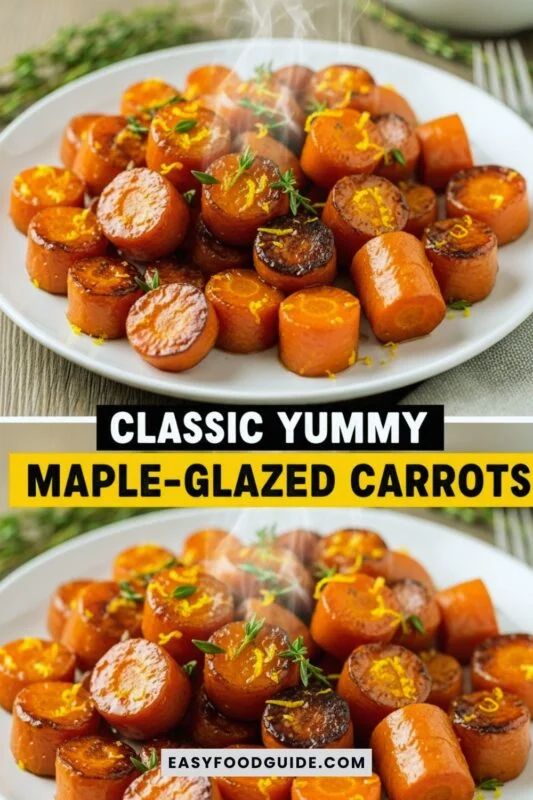 maple-glazed-carrots-1 A plate of maple-glazed roasted carrots, caramelized and garnished with thyme, on a rustic wooden table.