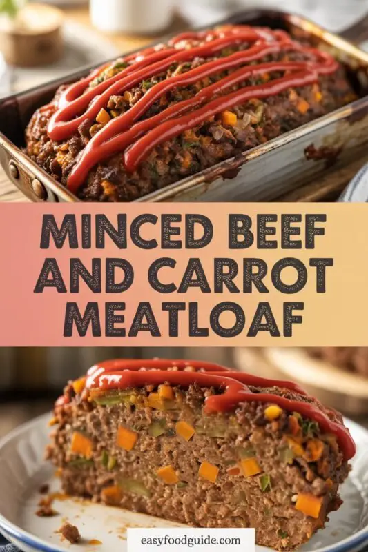 Sliced meatloaf with carrots and vegetables, topped with ketchup, served with mashed potatoes and green beans.