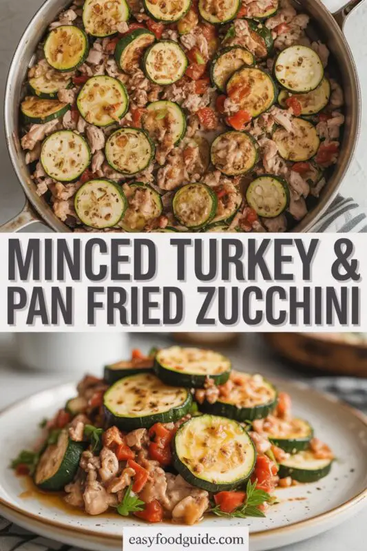 A plate of minced turkey with pan fried zucchini, garnished with parsley, on a rustic wooden table.