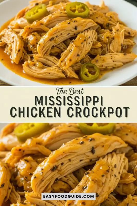 Mississippi Chicken over mashed potatoes with buttery sauce and peperoncini, served on a rustic table.