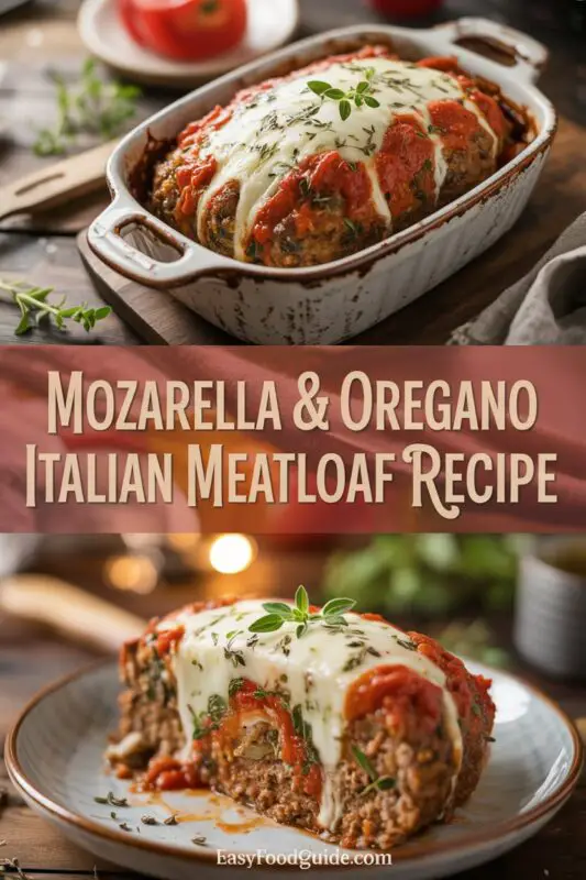 Mozzarella stuffed meatloaf on a wooden board, garnished with parsley, served with roasted vegetables and marinara sauce.