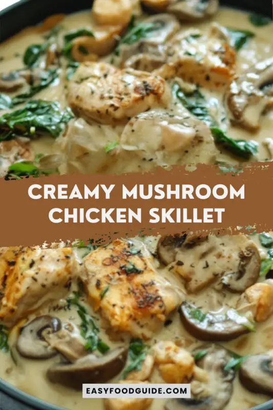 Creamy mushroom chicken skillet with chicken breasts in mushroom cream sauce, garnished with thyme and served with pasta.