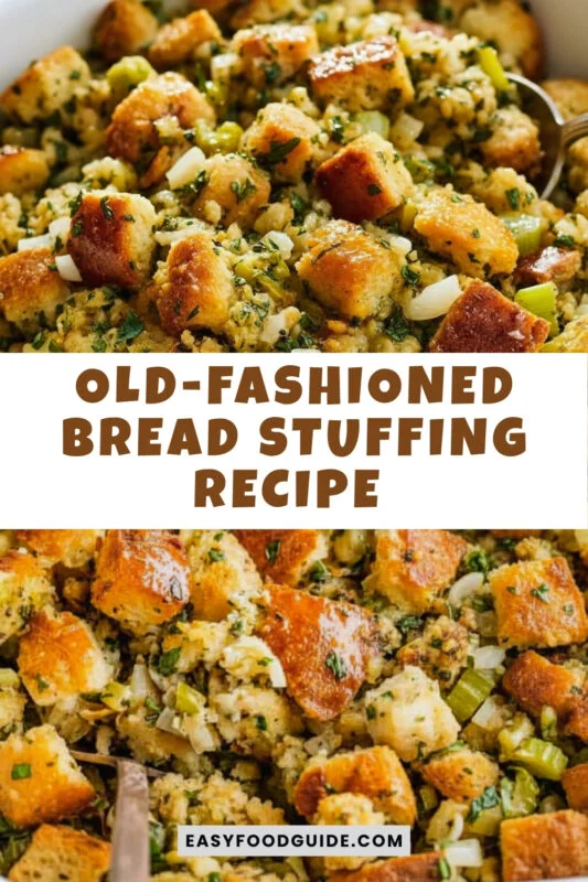old-fashion-bread-stuffing-5 A serving of old-fashioned bread stuffing with herbs and vegetables in a rustic dish, perfect for Thanksgiving.