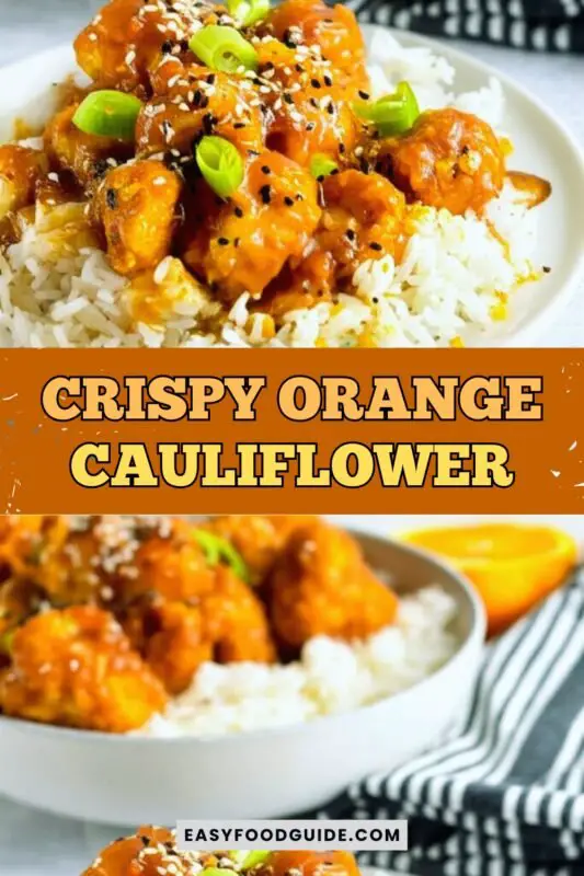 orange-cauliflower-2 Crispy orange cauliflower bites on a plate with jasmine rice, garnished with scallions and sesame seeds.