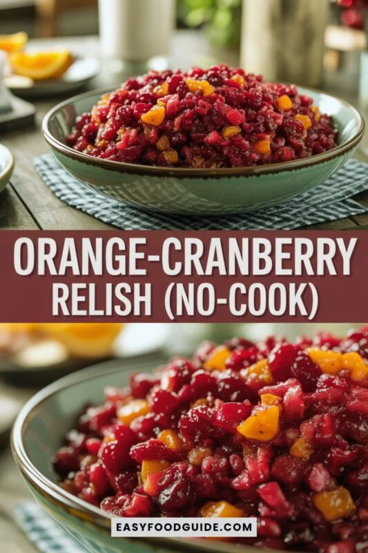 orange-cranberry-relish-2 A bowl of fresh orange-cranberry relish with cranberries and orange, garnished with mint on a rustic table.
