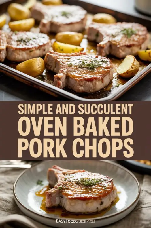 Oven baked pork chops with baby potatoes and mixed vegetables on a sheet pan, garnished with parsley.