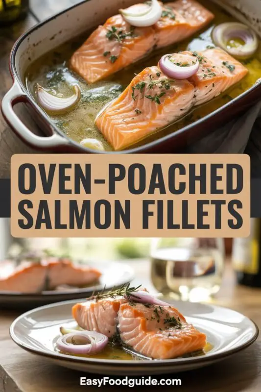 Oven-poached salmon fillets garnished with herbs and shallots on a white plate.