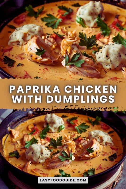paprika-chicken-dumpling-1 Slow-cooked paprika chicken with dumplings in creamy sauce, garnished with parsley, served in a rustic bowl.