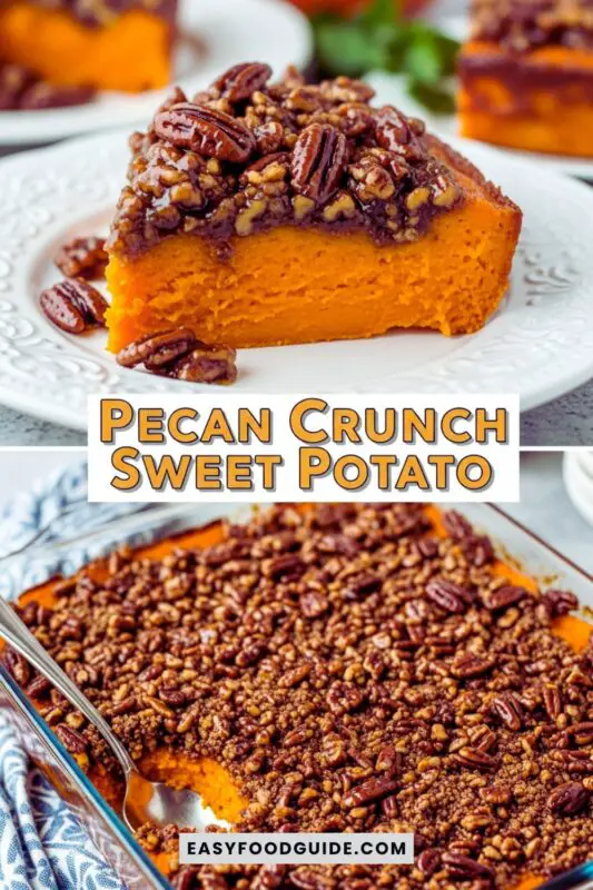 Pecan Crunch Sweet Potato Casserole with golden-brown pecan topping in a vintage dish on a rustic table.