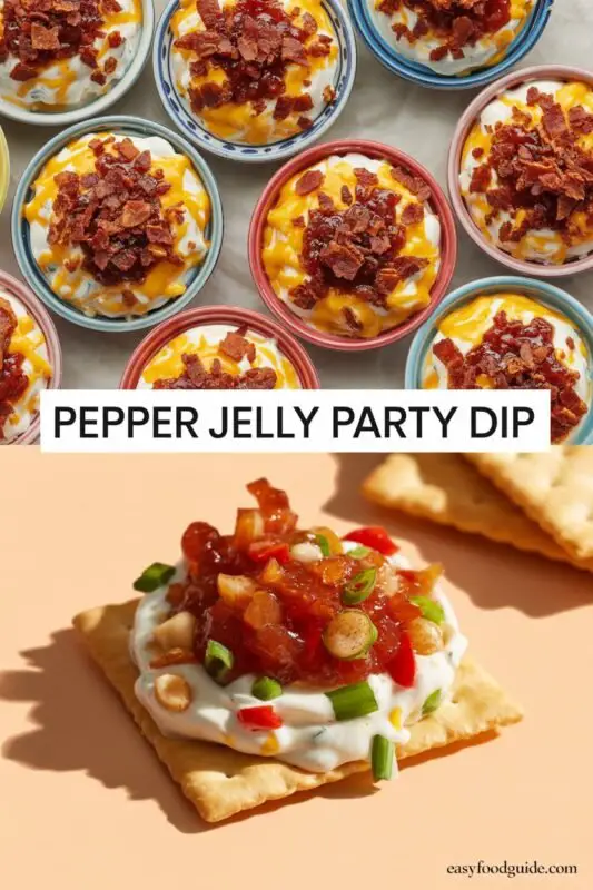 A bowl of cheesy pepper jelly dip with bacon on top, served with buttery crackers.