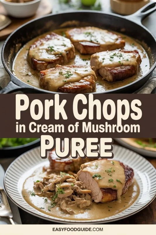 Pork chops in creamy mushroom sauce garnished with parsley on a rustic table.