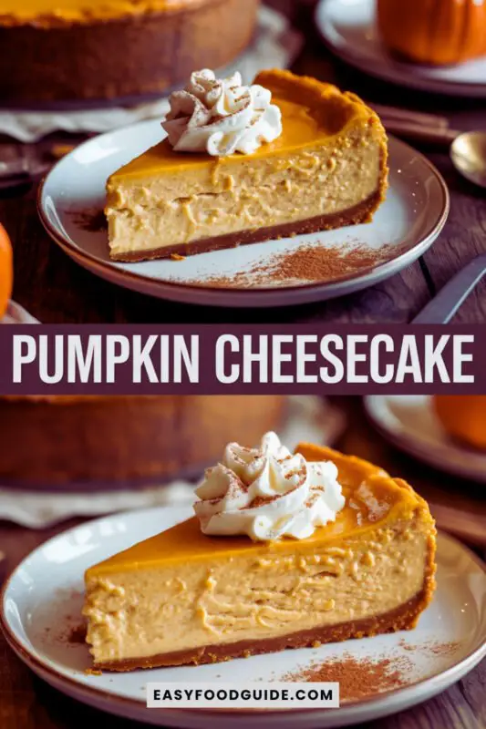 A baked pumpkin cheesecake topped with whipped cream and cinnamon, surrounded by small pumpkins and autumn leaves.